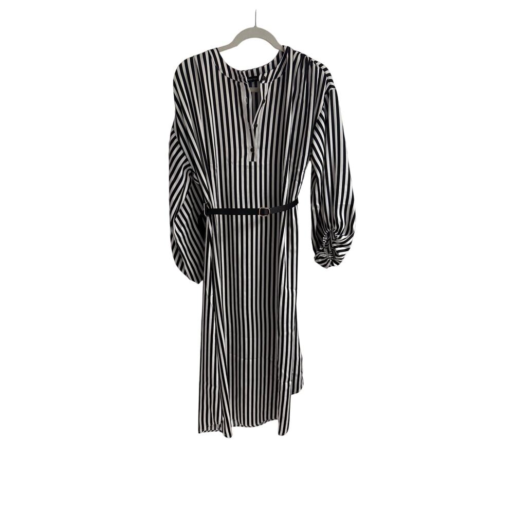 August Sky Womens L Black White Striped Midi Shirt Dress Belted Long Sleeve